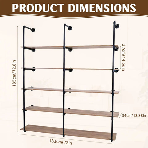 Industrial Pipe Shelf Five Tier 72 Inch Floating Pipe Book Shelves with sturdy iron pipes and wood, dimensions displayed