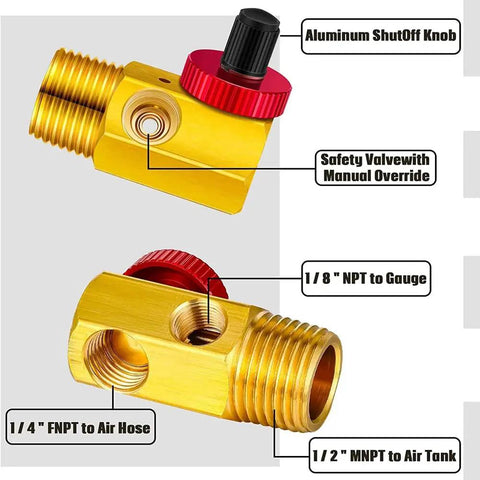 Detail of brass valves in Portable Air Tank Repair Kit Featuring A Solid Valve Replacement Set With Hella Tough Hoses.