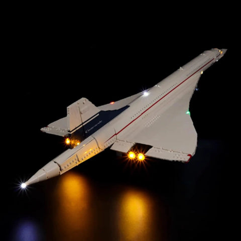 LED Lighting Kit for 10318 Concorde Aircraft Model, lighting components illuminating Concorde model in dark, USB Powered