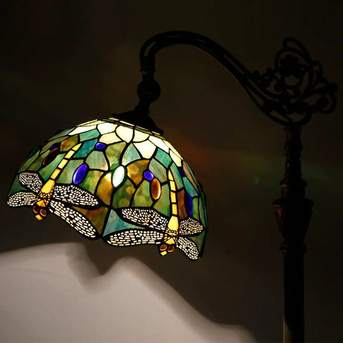 Stained Glass Tiffany Floor Lamp With Amber Dragonfly Shade Arching Gooseneck Adjustable Reading Light 66 Inch Tall Bronze Base