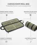 Knife Roll Case With Individual Slots For Safe Edge Protection, open and rolled, showing durable canvas material.