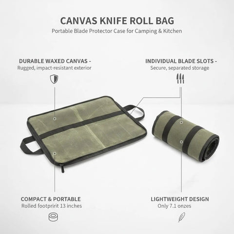 Knife Roll Case With Individual Slots For Safe Edge Protection, open and rolled, showing durable canvas material.