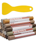 20 Color Wood Filler Sticks Kit For Quick DIY Furniture Scratch Repair And Touch Up Wax Crayons For Cabinets Tables Doors Floors And Hardwood Surfaces Technicolor Series with yellow scraper.