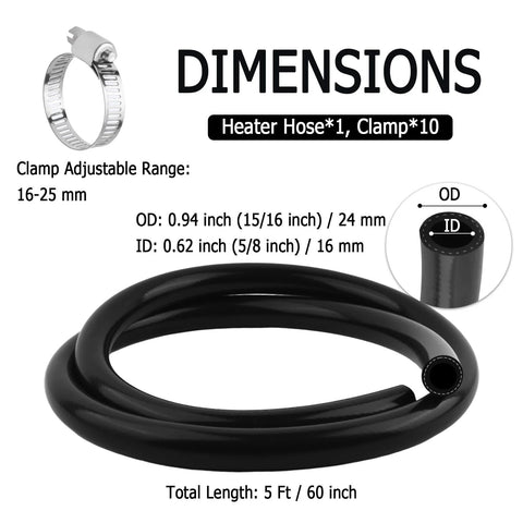 Coiled black silicone heater hose, 5 ft long, 16 mm ID / 24 mm OD, with 10 clamps for water/air/coolant transfer.