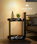 Black 2 Tier End Table With Removable Tray, Metal Side Table near bed, displaying lamp, books, and plant, versatile use