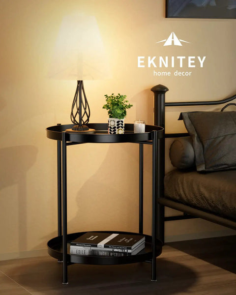 Black 2 Tier End Table With Removable Tray, Metal Side Table near bed, displaying lamp, books, and plant, versatile use
