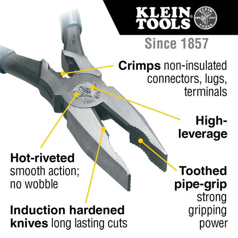 High Leverage Lineman Pliers With Crimp Die And Toothed Pipe Grip Induction Hardened Knives 8 Inch Electrician Tool image