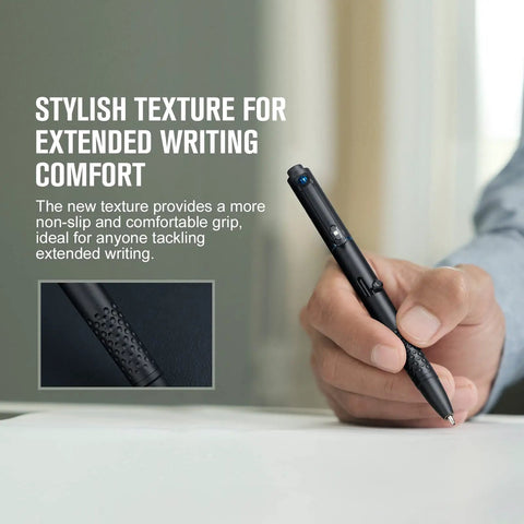 Person holding 4 In 1 Pen Light And Writing Tool, 120 Lumen USB C Rechargeable EDC Pen With Green Beam, showing grip texture.