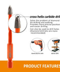 Product features of Dry Diamond Drill Bits Set, 10-Piece, 1/4 Inch Shank, showing a cross helix carbide drill bit with usage details.