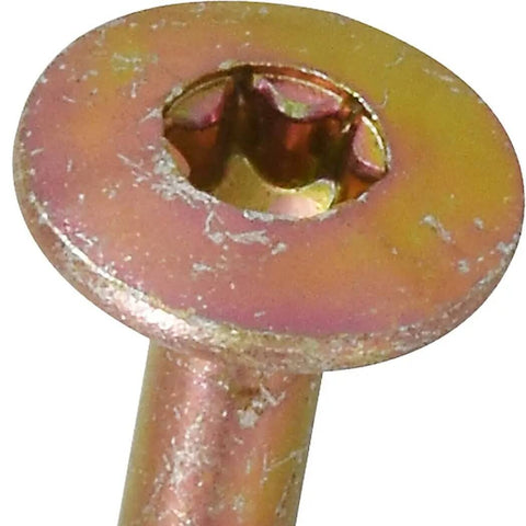 Pro Grade Multi Material Screws With A Durable Yellow Zinc Coat and Slick Wafer Head Design, close-up view of star drive tip.