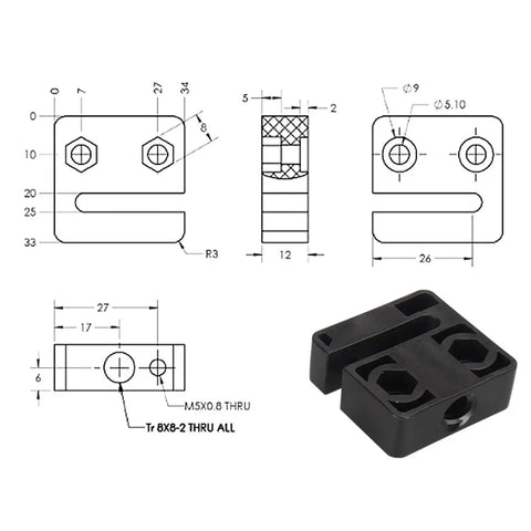 Technical drawing and photo of Anti Backlash Nut Block For T8 Lead Screw 8mm Diameter Two Pack 3D Printer Accessories