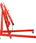 2 Ton Folding Engine Hoist With Heavy Duty Steel Frame And Rollin Smooth Casters Adjustable Boom For Quick Engine Swaps Powder Coated Red side view