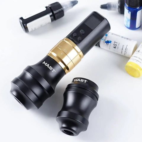 Fold2 Pro Tattoo Gun Kit Complete Tattoo Machine with 2000mAh Battery Mcore C1 Motor Gold Color 7 Stroke Options 140mm Length 250g Weight 40 44mm Grip Pro Level Tattooing for Serious Artists, black gold body
