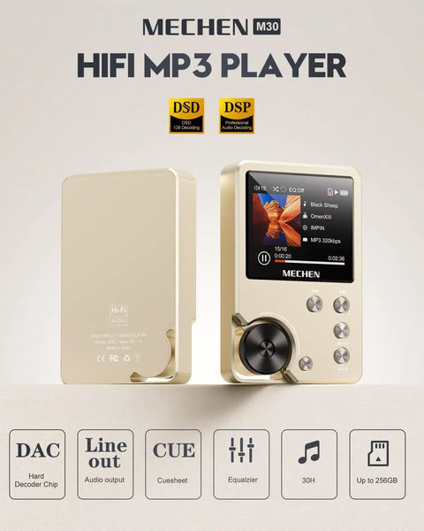 HiFi MP3 Player With Lossless DSD High Resolution Audio Portable HighRes Music Player with gold finish and controls visible