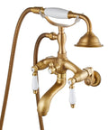 Antique Brass Clawfoot Bathtub Faucet With Wall Mount Handheld Shower Set Double Lever Handle 6 Inch Center Adapter Included