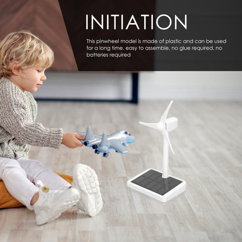 Child playing with toy airplane near Hands On Solar Windmill Kit For Kids Easy Assembly Mini Wind Turbine for science experiments.