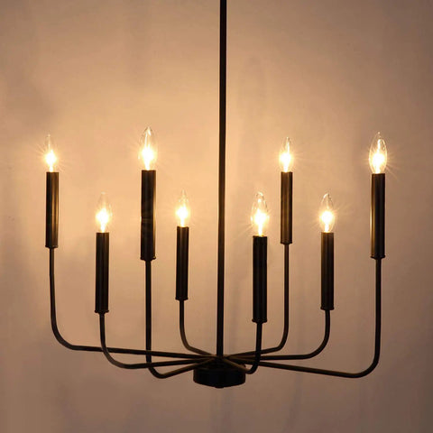 Black 8 Light Farmhouse Chandelier With Adjustable Height From 40 To 90 Inches, Dope Wrought Iron Candle Chandelier glowing