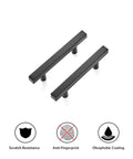 Two matte black stainless steel cabinet pulls with scratch resistance, anti-fingerprint, and oleophobic coating. 30 Pack 5 Inch Square Cabinet Pulls.