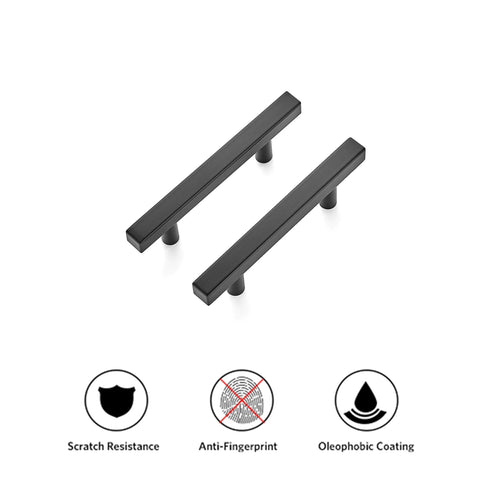 Two matte black stainless steel cabinet pulls with scratch resistance, anti-fingerprint, and oleophobic coating. 30 Pack 5 Inch Square Cabinet Pulls.