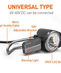 Bright LED Electric Bike Headlight For All Electric Bikes Waterproof Front Light with adjustable bracket and warning light.