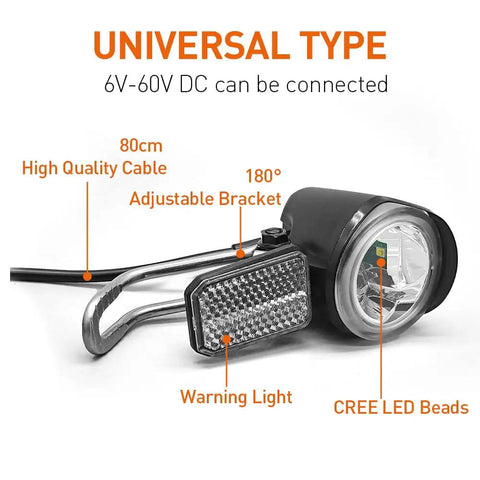 Bright LED Electric Bike Headlight For All Electric Bikes Waterproof Front Light with adjustable bracket and warning light.
