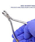 Pro Grade Tungsten Carbide Distal End Cutter for Orthodontics, 5.5 Inch Wire Cutter With Flush Trim, Cuts Hard Archwires Up To 0.022 By 0.028 Inch, Precision Pliers, Stainless Autoclavable Dental Tool, held in gloved hand