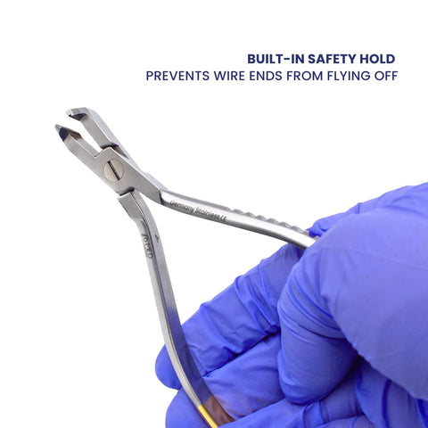 Pro Grade Tungsten Carbide Distal End Cutter for Orthodontics, 5.5 Inch Wire Cutter With Flush Trim, Cuts Hard Archwires Up To 0.022 By 0.028 Inch, Precision Pliers, Stainless Autoclavable Dental Tool, held in gloved hand