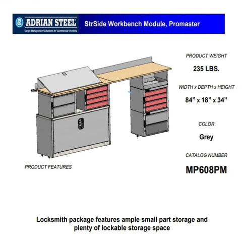 Top Shelf Workhorse Gray Steel Workbench Module For Tight Garages And Active Job Sites Compact Industrial Workstation with drawers.
