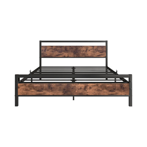 Top Tier Queen Platform Bed Frame With Solid Wooden Headboard Heavy Duty Steel Base Extra Under Bed Storage Noise Free No Box Spring Setup Straight Up Durable For Your Prime Chill Zone with vintage wood finish.