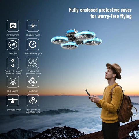 Drone With Screen Remote And Real Time Obstacle Avoidance With Optical Flow Positioning GPS Auto Return And One Key Airdrop Dual Batteries flying over mountains with user holding screen remote