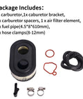 Carburetor Kit With Air Filter Assembly For Riding Lawn Mower Engines includes parts and tools with dimensions.