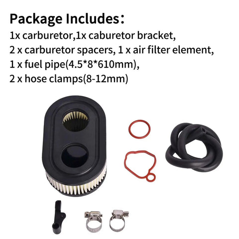 Carburetor Kit With Air Filter Assembly For Riding Lawn Mower Engines includes parts and tools with dimensions.