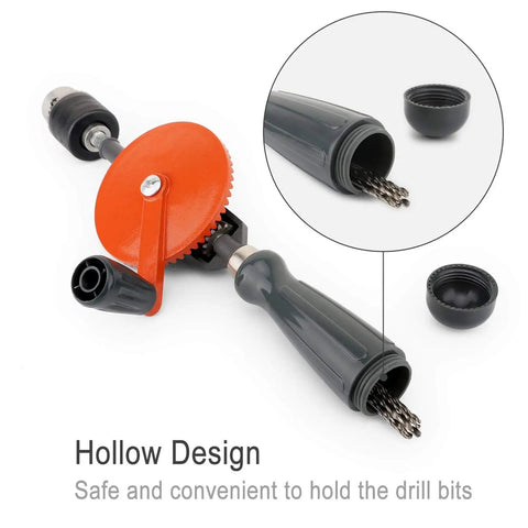 No-Fuss Manual Hand Drill 3/8 Inch Capacity With Precision Cast Steel Chuck, Double Pinions, Bi-Directional Rotation, Ideal For Wood Plastic Acrylic Circuit Boards, Easy Crank Punching Tool Orange