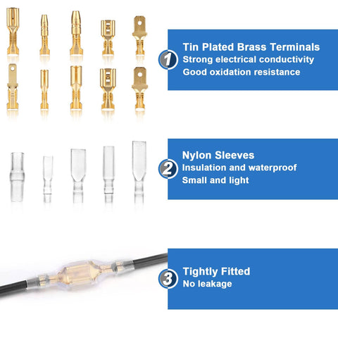 Tin plated brass terminals, nylon sleeves, and a tightly fitted connector from Self Adjusting Wire Terminal Crimping Tool Kit.