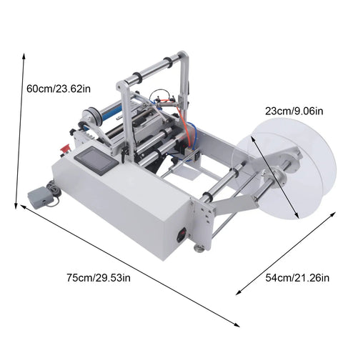 Semi Automatic Round Bottle Labeling Machine High Speed 300W Fiber Optic Sensor Auto Detect, side view with dimensions.