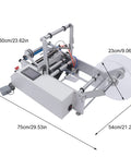 Straight Up Reliable Semi Automatic Bottle Labeling Machine With Fast Electric Label Applicator For Round Containers Featuring Rock Solid Fiber Sensor Setup Perfect For Glass Plastic And Metal Bottles 20 To 120 Mm, machine top view showing dimensions.
