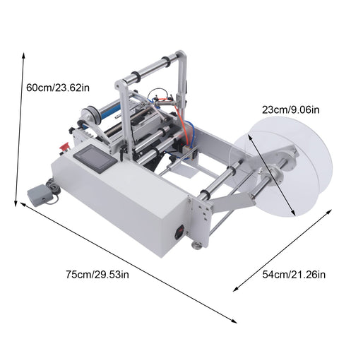 Straight Up Reliable Semi Automatic Bottle Labeling Machine With Fast Electric Label Applicator For Round Containers Featuring Rock Solid Fiber Sensor Setup Perfect For Glass Plastic And Metal Bottles 20 To 120 Mm, machine top view showing dimensions.