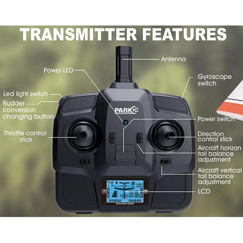 Close-up of remote control with features labeled for F949 RC Plane Ready To Fly 3CH 2.4GHz Remote Control Airplane For Beginners.