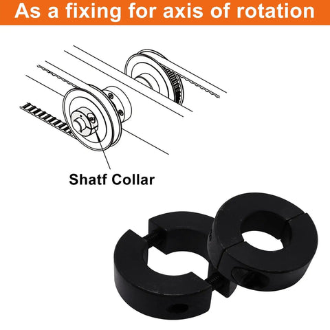 Two Piece Clamp On Shaft Collars For Industrial Machinery, Black Double Split, Three Quarters Inch Bore, Illustration and Product