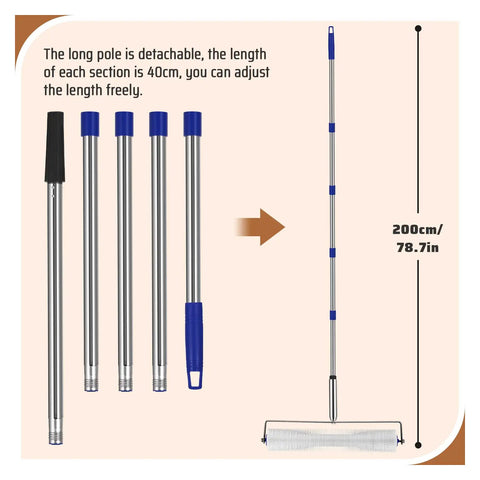 Detachable 2m pole for 20-inch spiked screeding roller for epoxy flooring, shown disassembled and fully extended.
