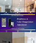 Four Pack 6 Inch LED WiFi Recessed Lighting Downlights 12W 1200 Lumen Dimmable With Junction Box Smart App And Voice Control Via Alexa And Google Assistant 2700K To 6500K Color Temperature Group Control image showing brightness and color temperature adjustment features with app and smart devices.