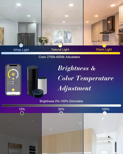 Four Pack 6 Inch LED WiFi Recessed Lighting Downlights 12W 1200 Lumen Dimmable With Junction Box Smart App And Voice Control Via Alexa And Google Assistant 2700K To 6500K Color Temperature Group Control image showing brightness and color temperature adjustment features with app and smart devices.