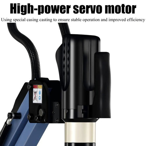 Rock Solid Vertical Electric Tapping Machine With One Meter Flexible Aluminum Arm And Auto Oil Blower close-up of high-power servo motor with detailed casing.