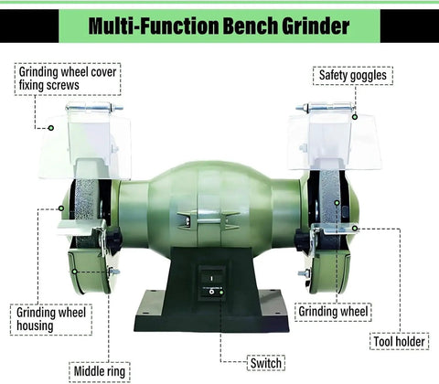 Ready To Roll Heavy Duty Electric Bench Grinder With Dual Five And Six Inch Aluminum Oxide Wheels, features labeled parts and secure eye shields.