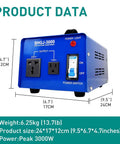 Blue metal Beefy 3000W Voltage Transformer And Power Converter Step Up And Step Down 110V To 220V with circuit breaker.