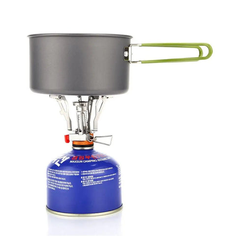 Lightweight Portable Camping Stove With Piezo Ignition, Wind Resistant Backpacking Camp Stove with pot on gas canister, side view