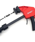Hella Tight 12 Piece MFT Table Clamp Kit For Workbenches showing a red trigger clamp with a 4 inch reach and adjustable grip.