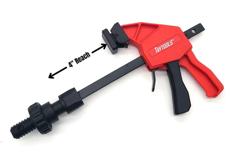 Hella Tight 12 Piece MFT Table Clamp Kit For Workbenches showing a red trigger clamp with a 4 inch reach and adjustable grip.