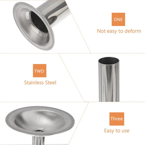 Size 8 Stainless Steel Sausage Stuffer Tubes Set Three Tube Kit close-up showing stainless steel material and labels