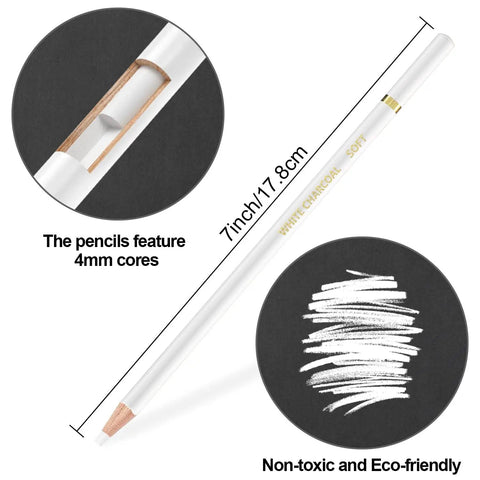 White Charcoal Pencils Set, Pack of 12 for Drawing and Highlighting, showing 4mm core, 7 inch length, white marks on black
